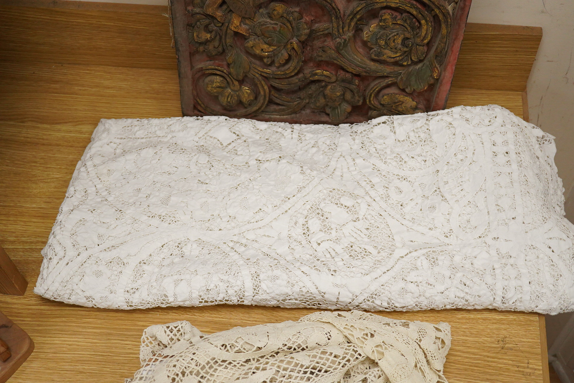 Two ornately designed tape lace bed covers, white cover 152cm x 236cm, beige cover 176cm x 364cm